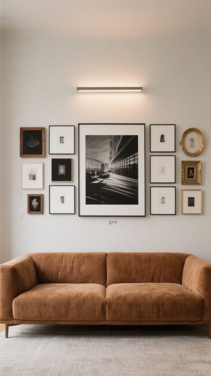 Straight-on medium-to-wide shot of the wall behind the cognac sofa treated like a gallery: optioned as either a single oversized black-and-white photograph, a symmetrical grid of 6–8 matching frames with white mats, or an organic gallery mix of black, wood, and brass frames sharing a consistent color palette; artwork center hung around 57 inches from the floor, slightly lowered if sofa back is low; add a slim picture light above for a softly lit, curated focal point; neutral wall, tidy scene, photorealistic.