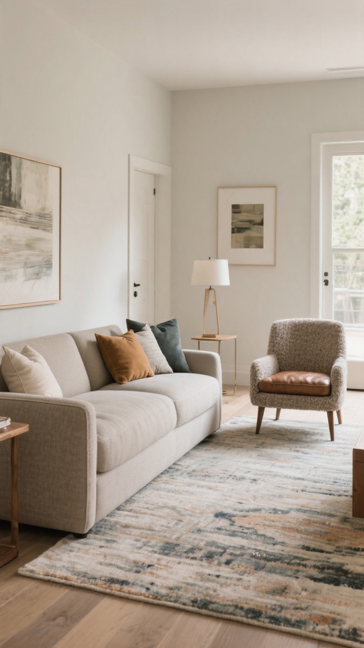 Straight-on medium-wide shot: An L-shaped sectional with its open side faced by two accent chairs, creating balanced, semi-symmetrical seating; chairs in a contrasting material (e.g., leather or bouclé) to the fabric sectional for textural mix; a clear 30–36 inch walkway lane behind the chairs for easy movement; cohesive palette where chair pillows pull colors from the area rug or wall art; flexible, relaxed vibe suitable for odd-shaped rooms with doors or windows; soft natural light with subtle floor and table lamp accents; photorealistic.