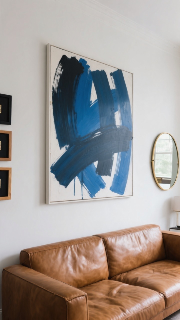 Straight-on medium-wide shot of the wall above a cognac leather sofa styled as a scene-setting backdrop: one oversized artwork in cool blues and charcoal with bold graphic strokes, its bottom edge 6–8 inches above the sofa back. Flanking elements include a small gallery grouping with black, wood, and brass frames to the side, and a rounded mirror that softens lines and bounces light. Balanced natural daylight, calm and composed mood to counter the sofa’s warmth. No people, photorealistic.