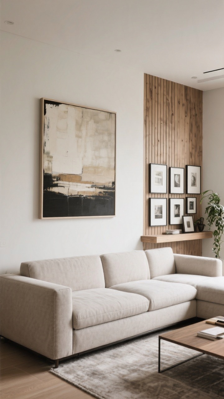 Straight-on wide shot: A sectional backed by a statement wall—option one shown prominently: a single oversized artwork hung 7 inches above the sofa for a clean, modern feel; alongside, a secondary vignette shows a nine-frame gallery grid in symmetry; textural alternative visible on an adjacent wall with vertical wood slats; a long picture ledge with layered frames and a trailing plant as a low-commitment backdrop; cohesive, polished mood with balanced natural light.