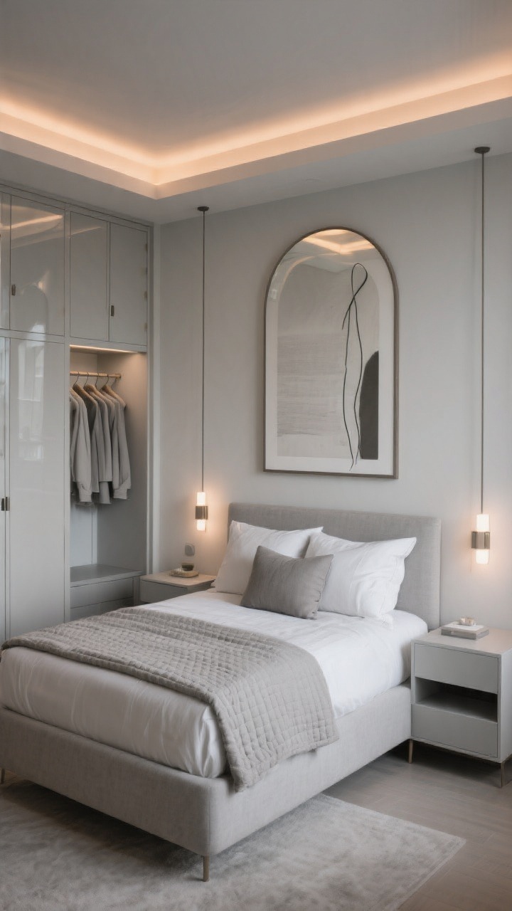 Wide, balanced hero shot for the conclusion: a serene small bedroom combining all key elements—monochrome greige palette with layered textures, a low-profile storage bed, floating nightstands with sconces, vertical storage that reads like built-ins (mirrored wardrobe and over-door cabinet), three-layer lighting with warm LEDs, a perfectly styled bed (duvet, Euros, standards, lumbar, folded quilt), and minimal large-scale art plus one arched mirror. Hidden cords, matching closet hangers peeking through open doors, clutter-free, calm and luxurious.