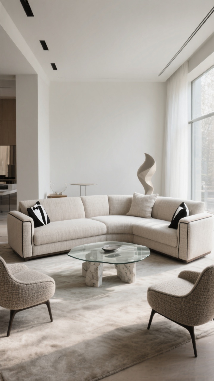 Wide, chic hosting scene with a tuxedo-arm L-shaped sofa (arms and back same height) in tailored linen, tweed, or tight-weave wool blend; crisp, structured silhouette with contrast piping or tonal trim; paired with a sleek glass or stone coffee table; two sculptural accent chairs completing a conversation zone; balanced, architectural composition in a large room; refined natural daylight with subtle highlights on textures; straight-on view, photorealistic.