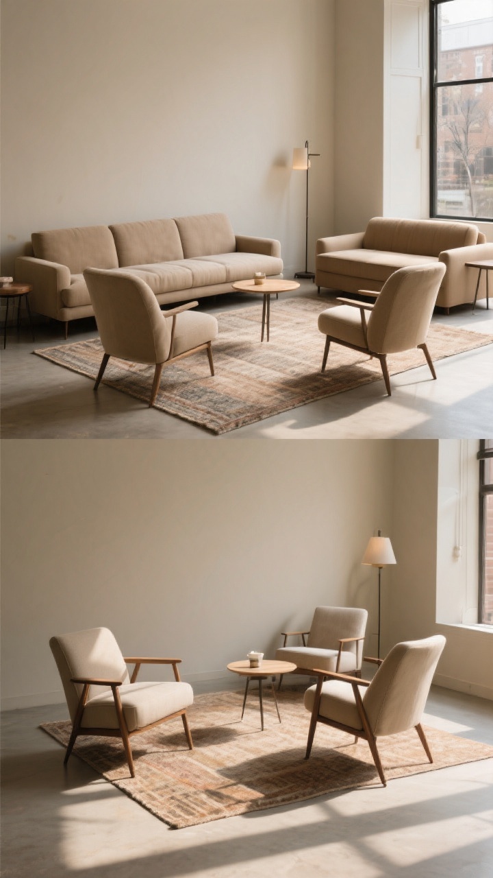 Wide conversation-zone layout: a large sofa facing two matching accent chairs in symmetry, forming a cozy 7–9 foot seat-to-seat distance; alternate vignette shows an L-shape with one chair at 90 degrees and a second angled pair at 30–45 degrees to soften corners; place a petite loveseat option across from the sofa in one area; cohesive rug defining the zone, small side table between chairs; café-vibe intimacy, warm neutral palette; soft afternoon light; no people
