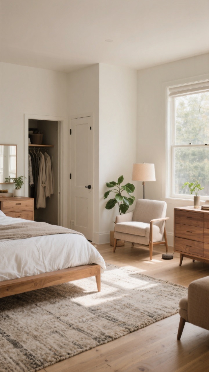 Wide corner angle capturing three distinct zones: sleep zone with bed and rug extending 18–24 inches beyond sides and foot; dressing zone with dresser adjacent to the closet doors; unwind zone in a low-traffic corner with a cozy armchair, plant, and soft floor lamp. Use a neutral rug with subtle texture, matte wood dresser, and leafy plant for freshness. Balanced afternoon light; clear circulation between zones; cohesive natural wood and soft textiles.