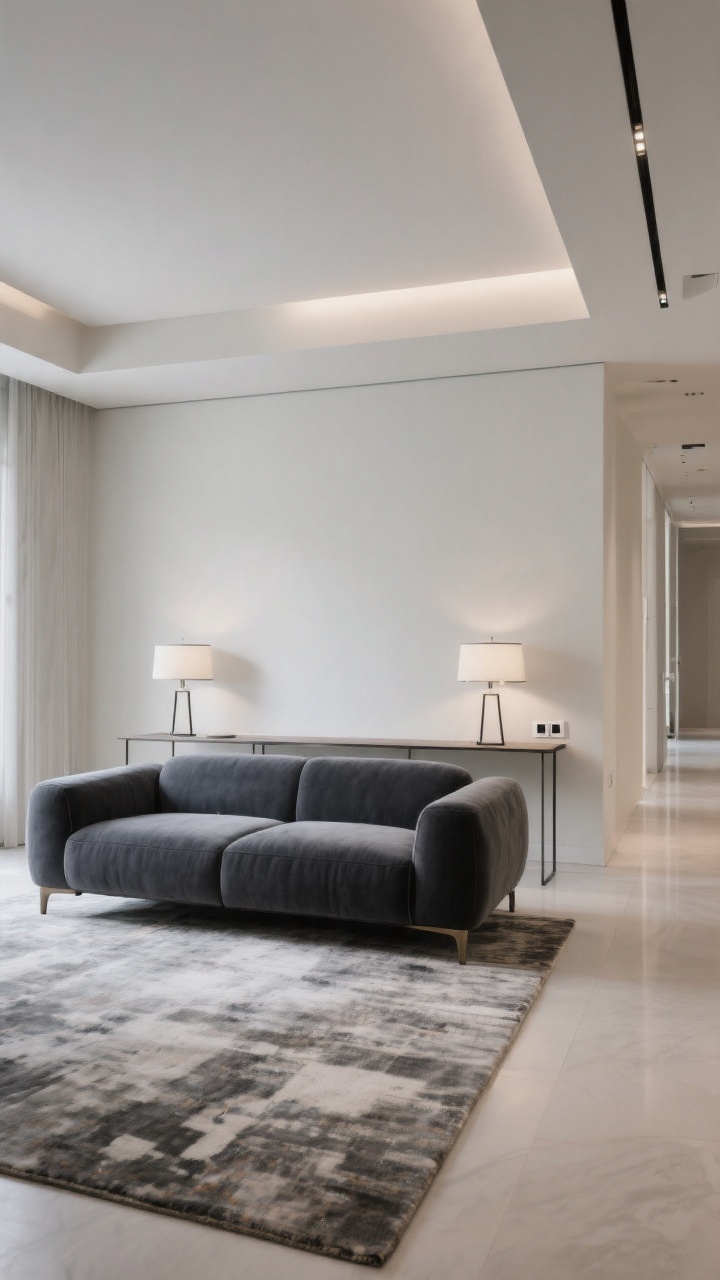 Wide, corner-angle shot of a floating oversized charcoal sofa placed away from the walls, front legs on a large area rug that anchors the arrangement; a slim console table behind the sofa with a pair of minimalist lamps and hidden chargers, clear walkways visible on both sides to emphasize circulation; optional slight angle to the sofa to soften a long, narrow room; airy, luxurious vibe with balanced natural and lamp lighting.