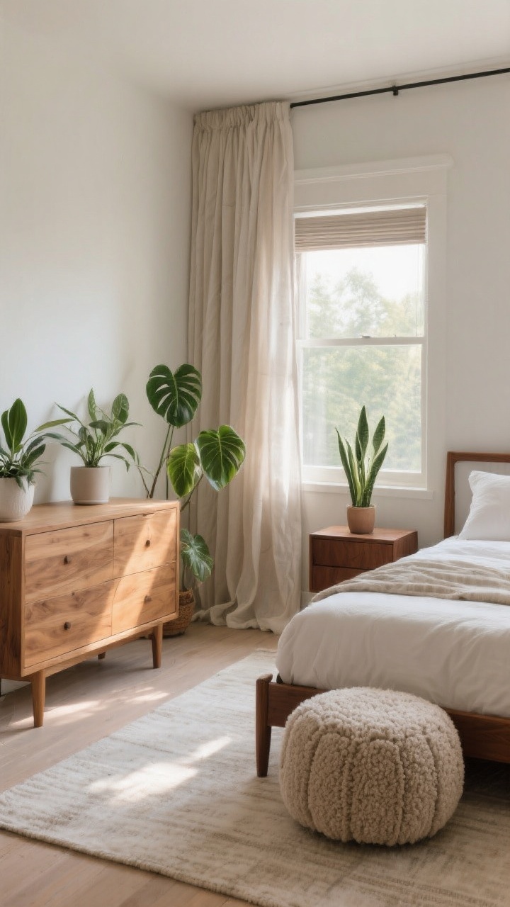 Wide corner room shot: Finishing touches—mid to light warm wood furniture (oak dresser with visible grain, walnut nightstand), a pale rug balancing a slightly darker bed frame, soft flowy linen curtains hung high and wide for light filtering, roller shade barely visible; low-maintenance plants (ZZ plant on the dresser, snake plant near the window) adding fresh green; a small boucle pouf at the foot of the bed; tranquil late-afternoon natural light; no people, photorealistic.