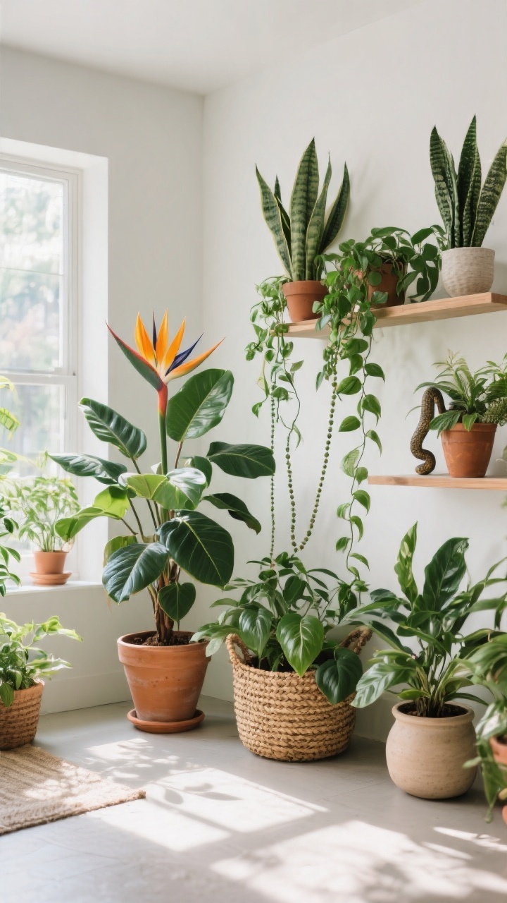 Wide corner shot of a lush plant jungle: a bird of paradise and rubber plant as statement floor plants, trailing pothos and string of pearls cascading from floating shelves, plus snake plant and ZZ plant for texture; plants in terra-cotta pots, woven baskets, and simple ceramic planters; bright indirect daylight, fresh and vibrant, minimal maintenance vibe.