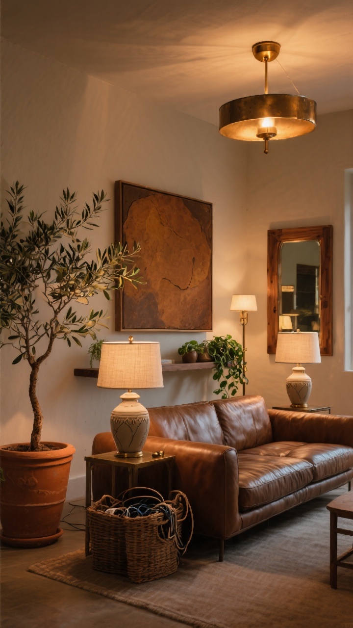Wide evening room shot emphasizing ambiance: layered lighting with one bronze floor lamp, two ceramic table lamps with linen shades, and a dimmable overhead fixture set warm at 2700K, casting a cozy glow over a leather-sofa-centered space. Above the sofa hangs a single oversized earthy abstract artwork in warm tones; nearby, an olive tree in a terracotta pot and a trailing pothos on a shelf add greenery. A wood-framed or bronze mirror bounces light, baskets neatly contain cords and clutter. Mixed warm metals (aged brass, bronze) on hardware and lighting, photorealistic warmth and depth, calm and sophisticated mood. No people.