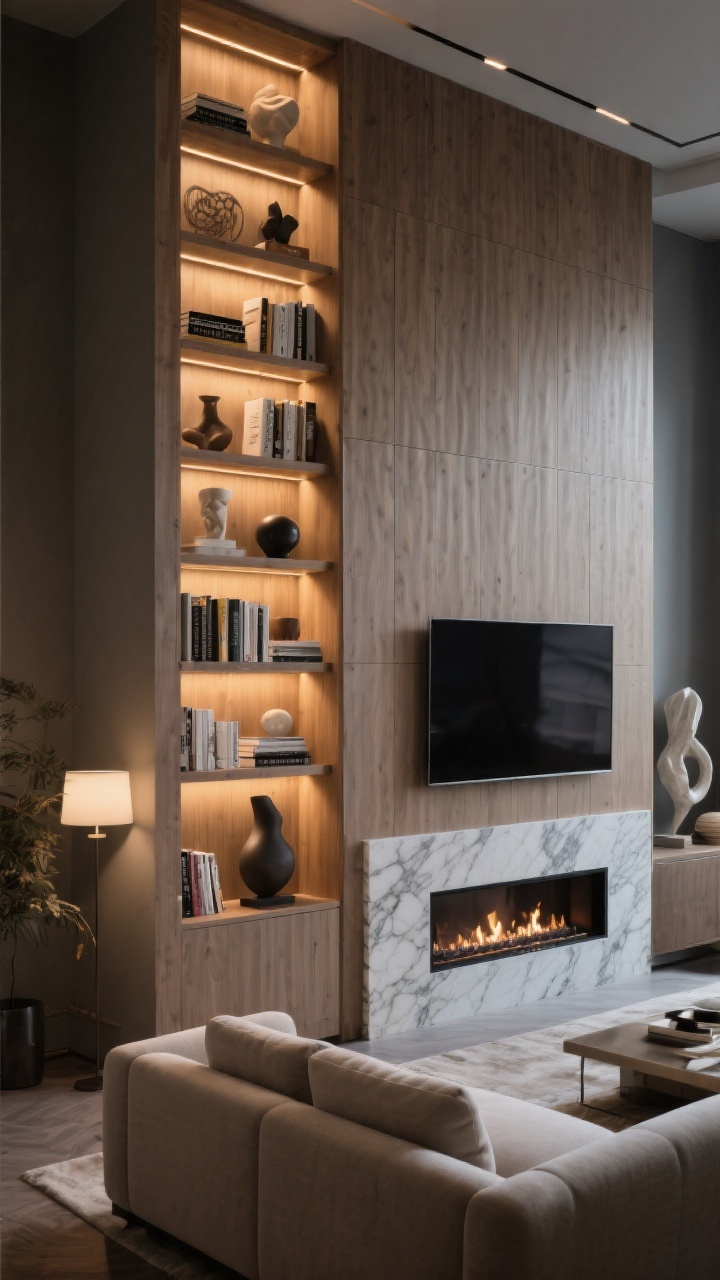 Wide, focal-wall hero shot: a floor-to-ceiling architectural built-in with integrated warm LED shelf lighting displaying books and sculptural objects; adjacent to a full-height marble fireplace surround with subtle veining; an overscaled media wall with fluted wood paneling hosting a floating TV. The rest of the room remains quiet—neutral sofas, minimal accessories—to let the focal wall command attention. Evening mood with layered accent lighting emphasizing the wall’s drama, photorealistic.