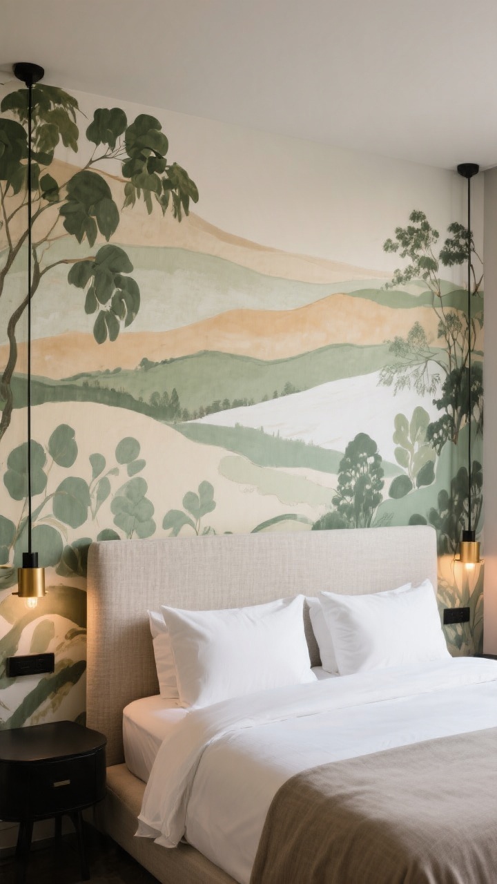 Wide headboard wall feature: A boutique-hotel inspired bedroom with a statement headboard wall clad in a large-scale, soft abstract landscape mural in muted eucalyptus green, oat, and warm white tones; a low upholstered fabric panel headboard in textured linen spans the bed width for extra coziness; simple black-and-brass sconces flank the bed to balance the pattern; bedding in calm neutrals lets the mural lead; evening light with warm bulbs gives a restful glow.