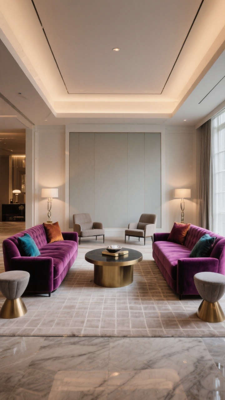 Wide hotel-lobby–inspired living room with two velvet sofas facing each other to form a conversation square. Either twin sofas for symmetry or mixed jewel-tone colors within the same silhouette for designer contrast. Maintain a 36–48 inch gap between sofas, with a coffee table scaled to 2/3 the sofa length; choose round or oval to soften the grid. Add two accent chairs or sculptural stools at the ends to complete the square while keeping sightlines clean. Balanced ambient lighting for an inviting, elevated mood.