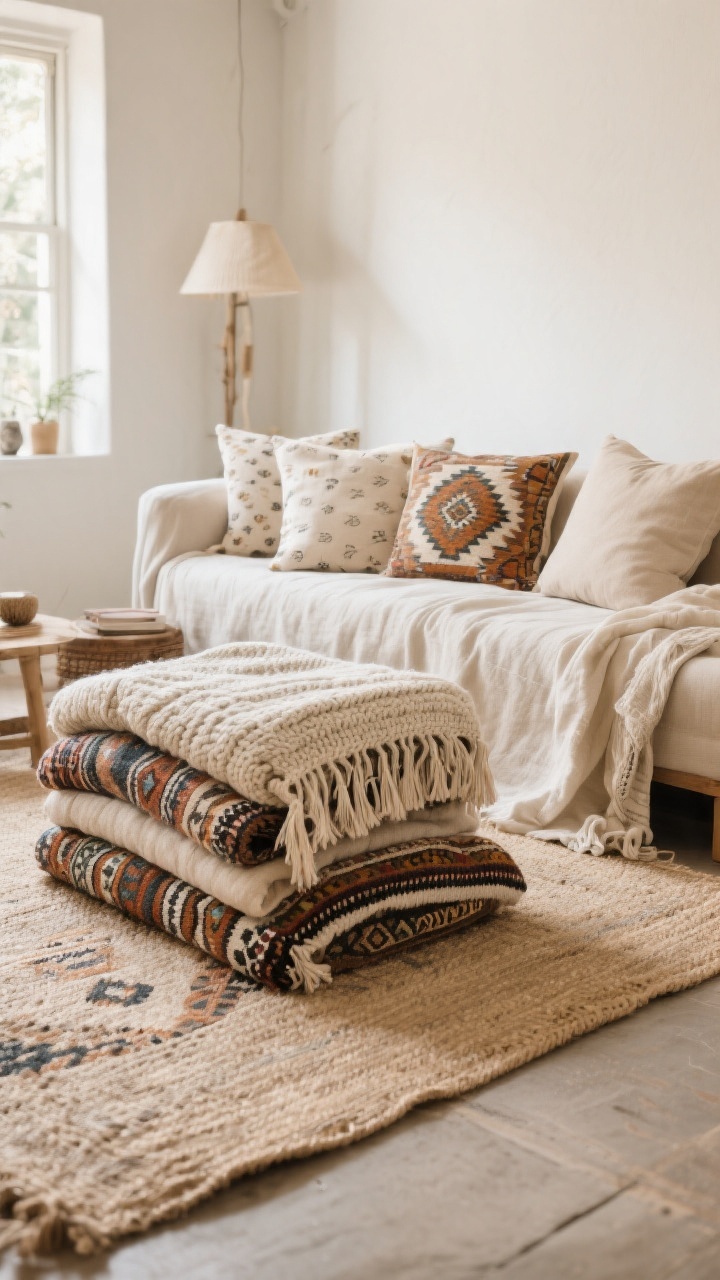 Wide living room shot: layered textiles in a boho space with a large neutral jute rug anchoring the room, a smaller patterned Moroccan kilim rug stacked on top, a linen sofa draped with three distinct throws (chunky knit, tasseled cotton, lightweight linen), and a “pillow party” mix of solids, small prints, and one bold motif in 20”, 22”, and lumbar sizes; cohesive palette with a recurring color thread, soft natural daylight, no people.