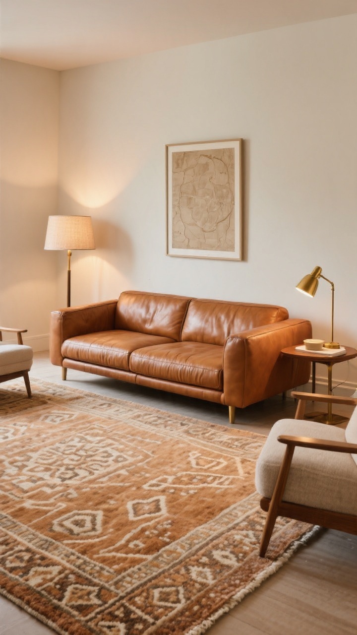 Wide living room shot, straight-on: a cognac tan leather sofa grounded by a generously sized wool rug in warm neutrals with a low-contrast Moroccan/Persian-inspired pattern; front legs of sofa and adjacent chairs sit on the rug. Layered lighting includes one floor lamp with a linen shade near the sofa arm for a soft glow, one table lamp on a side table for balance, and an optional brass picture light illuminating wall art. Warm 2700K bulbs throughout; fixtures in brass for a warmer feel.
