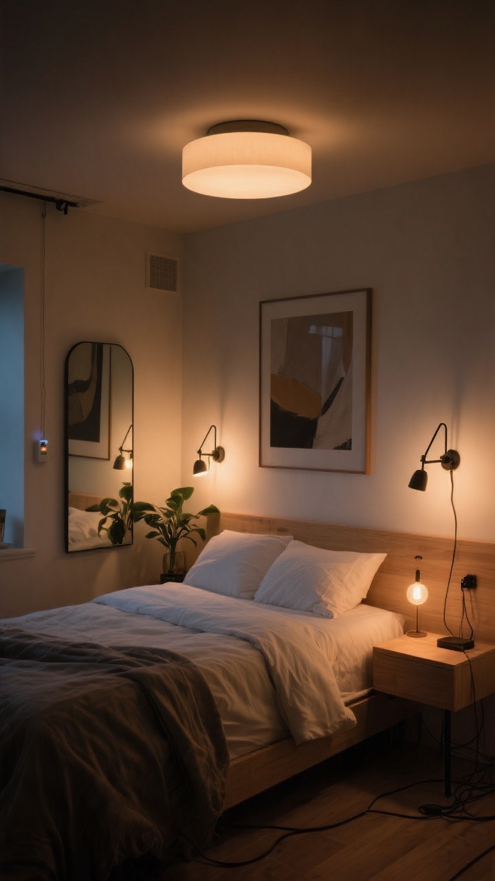 Wide, moody evening shot of a small bedroom with layered lighting: warm ambient glow from a semi-flush ceiling fixture (2700–3000K), task lighting from wall-mounted swing-arm sconces flanking the bed, and a tiny uplight tucked behind a plant near a mirror creating depth; smart bulb warmth visible, dimmed for cozy atmosphere; neutral, minimalist decor with light woods and soft whites; cables neatly controlled, a single large art piece above the bed; photorealistic, no people