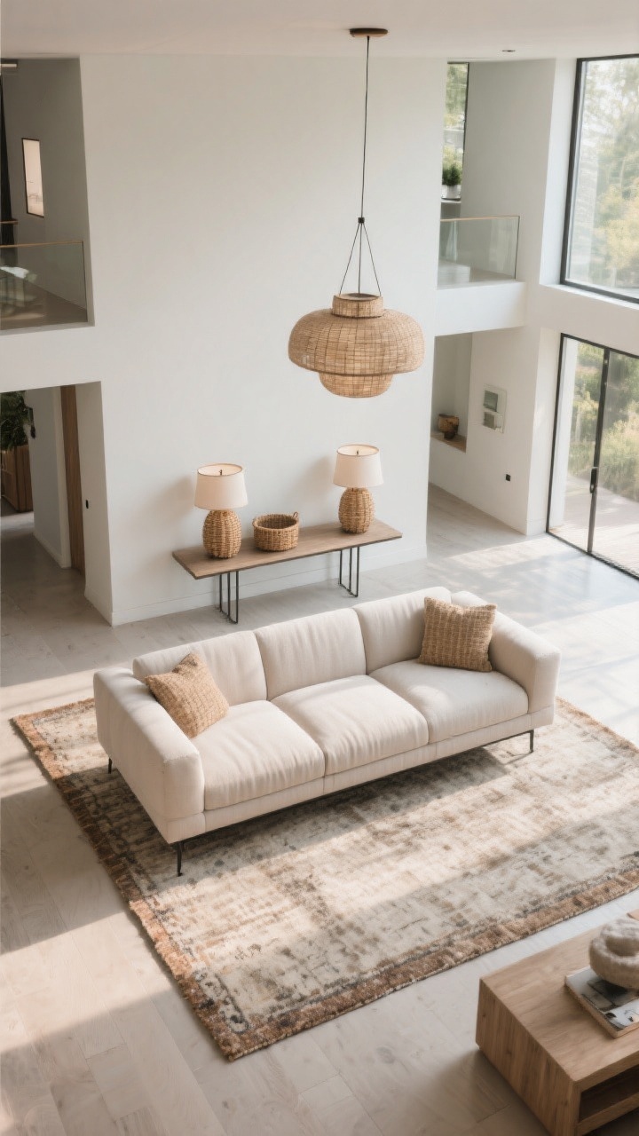 Wide overhead angle: A floating sectional placed center-stage in an open-plan living area, not touching any walls; a large rug extending 8–12 inches beyond the sectional’s edges; a slim console table behind the sofa styled with twin lamps and woven baskets, making the back look intentional; a statement pendant centered above the lounge zone; open walking paths all around to emphasize airiness; daylight streaming in to highlight the sofa’s tailored back texture; photorealistic.