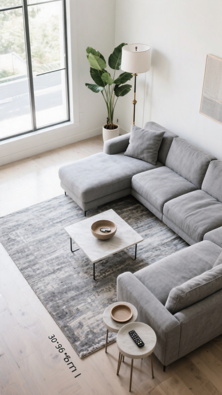 Wide overhead/three-quarter layout shot: a grey sectional arranged on a large rug clearly zoning the seating area; coffee table within easy reach from all seats. Clear traffic flow paths of 30–36 inches around the chaise. Balance achieved with a tall floor lamp or large plant opposite the chaise. Two nesting side tables floated near the arm, and the sectional corner styled with a round tray and a low bowl to soften angles and corral remotes. Bright natural daylight, tidy and functional, photorealistic, no people.