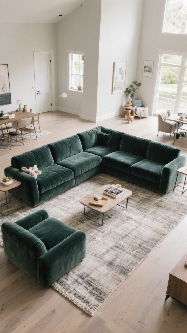 Wide overhead/three-quarter view of an open-concept living space organized by a velvet sectional in an L- or U-shape. Deep seats (24–26 inches), modular pieces visible, and a performance, stain-resistant velvet texture. The entire sectional sits on a large, low-pile rug that anchors the footprint, leaving clear traffic flow paths. Neutral walls, practical side tables, and subtle family-friendly styling. Bright natural daylight to emphasize layout clarity and the velvet nap.
