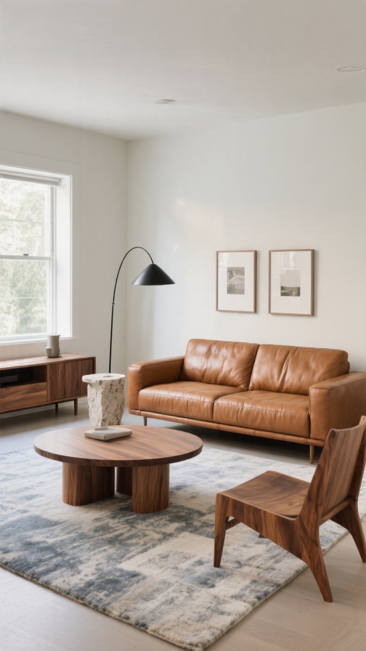 Wide room shot: A contemporary living room centered on a cognac leather sofa, styled with warm wood tones and cool accents. Include a rounded-edge walnut coffee table, an oak media console, and an acacia side chair. Add matte black metal floor lamp and brushed nickel picture frames for balance, with a single travertine side table beside the sofa. Ground the scene with a cool-toned area rug to offset the warmth. Straight-on perspective, soft natural daylight from the left, clean lines, no people, photorealistic.