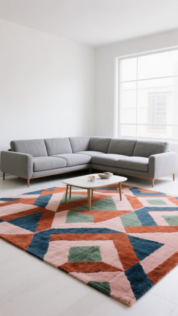Wide room shot: a grey sectional anchored by a bold statement rug with large-scale geometric pattern in rust, indigo, sage, and blush accents. The front legs of the sectional sit on the oversized rug. Clean white walls, simple coffee table, minimal accessories. Natural daylight fills the room; the rug’s pattern creates strong contrast with the neutral sofa. Crisp, photorealistic styling, no clutter, no people.