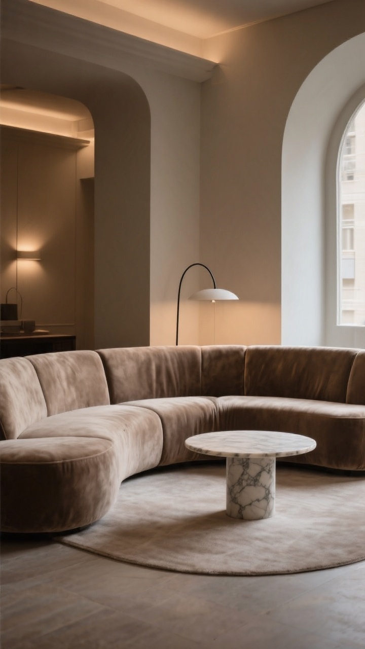 Wide room shot: A softly curved sectional in taupe/almond with plush seat depth and tight backs, paired with a round marble pedestal coffee table; a low arched floor lamp tracing the sofa’s curve; upholstery in performance velvet with a slight sheen for a quiet-lux look; balanced, warm ambient lighting for a moody yet inviting scene; rounded forms contrast with boxy architecture; photorealistic, three-quarter angle capturing the curve.