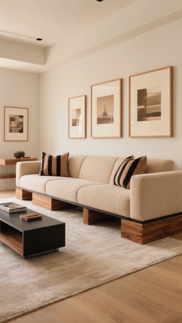 Wide room shot: Beige sectional elevated by a contrasting base—matte black metal or warm walnut/oak plinth—clearly visible to frame the upholstery; base tone echoed in a coordinated coffee table/media console; pillows with thin black or brown stripes repeat the contrast subtly; wall art layered with warm neutrals—sepia photography, cream mats, light oak frames; balanced warm lighting to emphasize materials and visible wood grain; photorealistic, slightly angled view capturing base and surrounding finishes.