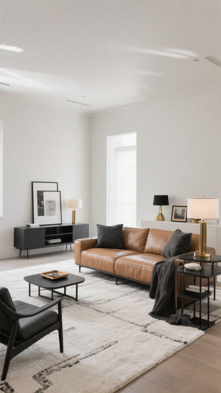 Wide room shot building a balanced color story: “Modern Cool” palette—camel leather couch with charcoal accents, black metal details, and ivory base elements following the 60/30/10 rule (60% ivory walls/rug, 30% charcoal secondary furniture like media console and chair, 10% black/brass accents in lamps, picture frames, and a small tray). Clean lines, cohesive styling, indirect daylight with a calm, elevated vibe.