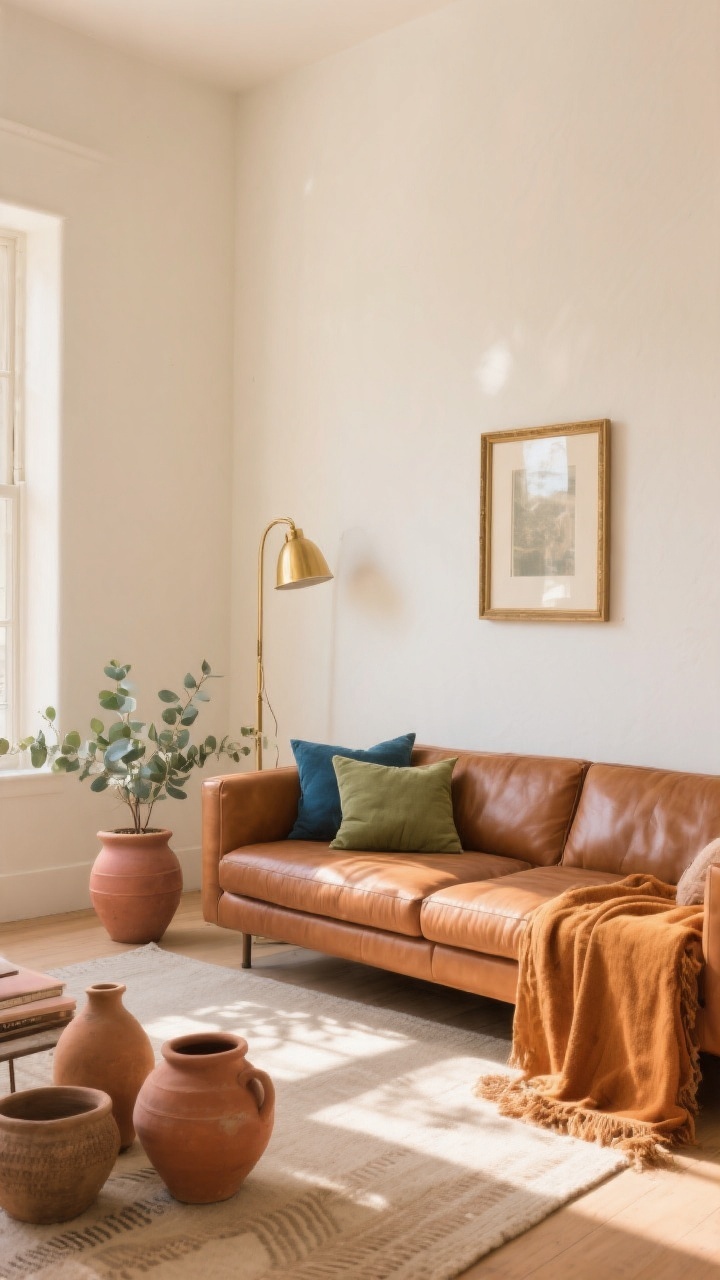 Wide room shot centered on a cognac tan leather couch in a sunlit boho living room with a warm creamy white wall paint; color palette styled around sun-kissed earth tones—terracotta pots, camel and ochre textiles, clay pottery—balanced with sage and eucalyptus green accents (pillow, small side plant), plus subtle pops of indigo and soft blush; brass accents on a floor lamp and picture frame add sparkle; soft, diffused golden-hour light washing the scene, relaxed organic mood, no people