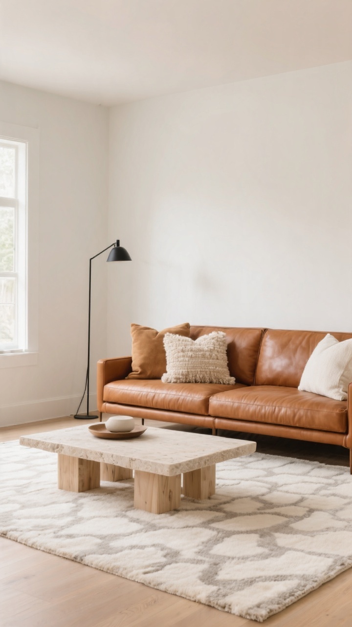 Wide room shot, Earthy Modern with Layered Neutrals: a cognac brown leather couch against warm white walls, surrounded by soft oatmeal, clay, and warm white tones; plush low-contrast cream/greige rug with a subtle pattern; light oak or stone-top coffee table; throw pillows mixing nubby linen, bouclé, and a hint of sand-toned suede in sand and ivory; one slim black accent floor lamp to anchor the palette; airy natural daylight, uncluttered styling, photorealistic, straight-on perspective