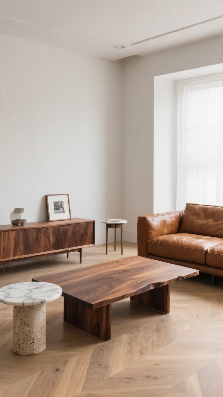 Wide room shot from a corner angle: a cognac tan leather sofa paired with a rich walnut coffee table and a smoked oak console for depth, set over light oak floors. Repeated light oak tone appears again in a slim side table or photo frame for cohesion. Mixed textures: one wood piece smooth and refined, another with visible grain or a live edge. A marble-topped side table and a small travertine pedestal break up the wood and leather, evoking quiet luxury. Soft ambient daylight.
