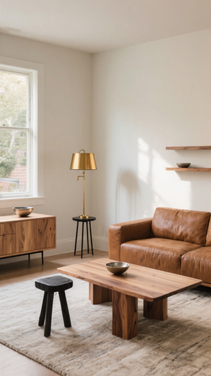Wide room shot from a corner angle: a living room anchored by a cognac sofa, showcasing mixed woods and metals—walnut coffee table, light ash sideboard, a blackened wood accent stool; metals include a dominant warm brass floor lamp, black iron side table base, and a small brushed nickel bowl on the shelf; finishes repeat in at least three places to feel intentional; neutral rug and walls, balanced and collected vibe; soft afternoon light, photorealistic.