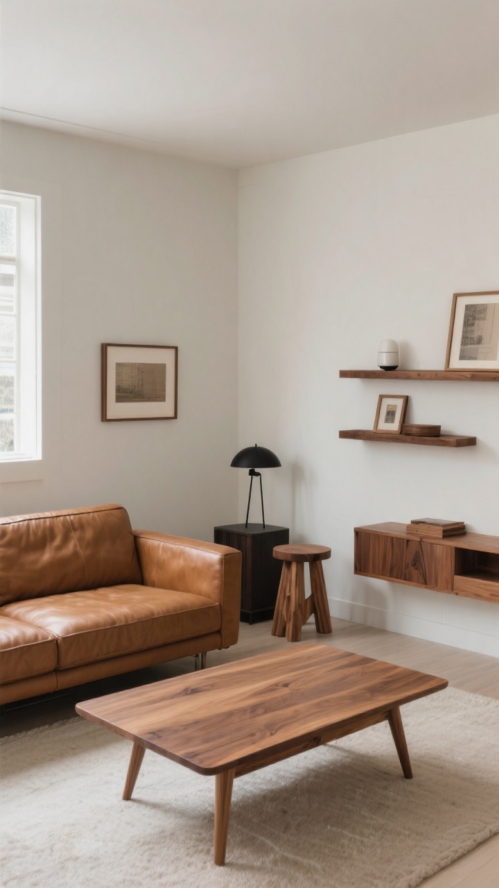 Wide room shot from a corner angle: a neutral living room anchored by a cognac leather sofa and a warm oak coffee table as the dominant wood tone, echoed by oak picture frames and a small oak stool; walnut wall shelves display minimal decor; a black-stained side table and a matte-black floor lamp balance the mix; cohesive, curated wood variety under soft natural light; photorealistic.