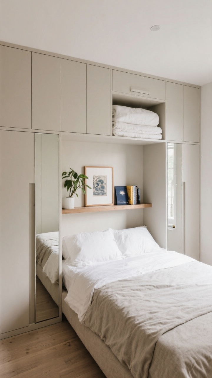 Wide room shot, slightly elevated angle: small bedroom showcasing vertical storage treated like built-ins. Slim wardrobes with mirrored doors flanking the bed to bounce light, picture ledges acting as a headboard shelf holding a curated mix of one plant, a framed artwork, and two nighttime reads. Over-door clean-lined cabinet above the entry hides linens. Everything aligned and largely symmetrical for order and elegance. Neutral palette, soft daylight with gentle reflections in mirrors.