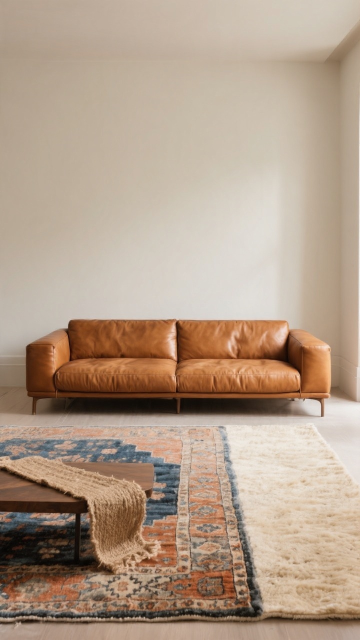 Wide room shot, straight-on, showing a cognac leather sofa anchored by a properly scaled rug: a low-pile wool rug in warm cream with subtle texture extending under the sofa’s front legs. Layer a smaller vintage Turkish-style rug on top featuring faded blues, terracotta, and soft charcoal for collected-cozy vibes. Add a natural jute runner visible near the coffee table edge for airy balance. Warm, even daylight that makes the leather glow without overpowering, emphasizing the grounding effect. No people, photorealistic.