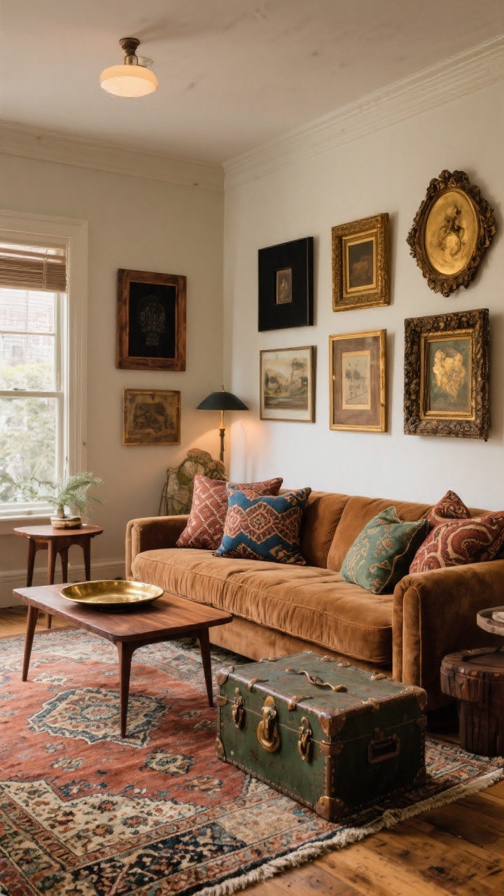 Wide room shot, Vintage Eclectic with Patterns and Patina: cognac sofa layered with patterned pillows in muted rust, indigo, and olive; faded Persian or Moroccan-style rug anchoring the color story; mid-century walnut side table and a battered brass tray; vintage trunk as coffee table; art wall with mixed frames—black, wood, antique gold—spaced consistently; timeworn woods and collected finds repeating colors at least three times; warm ambient lighting, slightly off-center angle, photorealistic