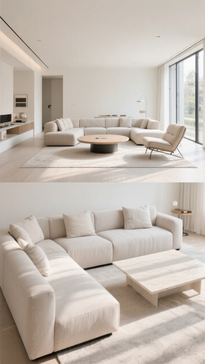 Wide shot: A bright living room showcasing two arrangements side by side for comparison—foreground features an L-shaped sectional hugging a corner with a rectangular coffee table; background shows a U-shaped sectional forming a cozy conversation pit around a round oversized coffee table; a chaise positioned near tall windows for sunlit lounging; long, narrow room perspective with the long side of the sectional running lengthwise to visually stretch the space; balanced, neutral palette.