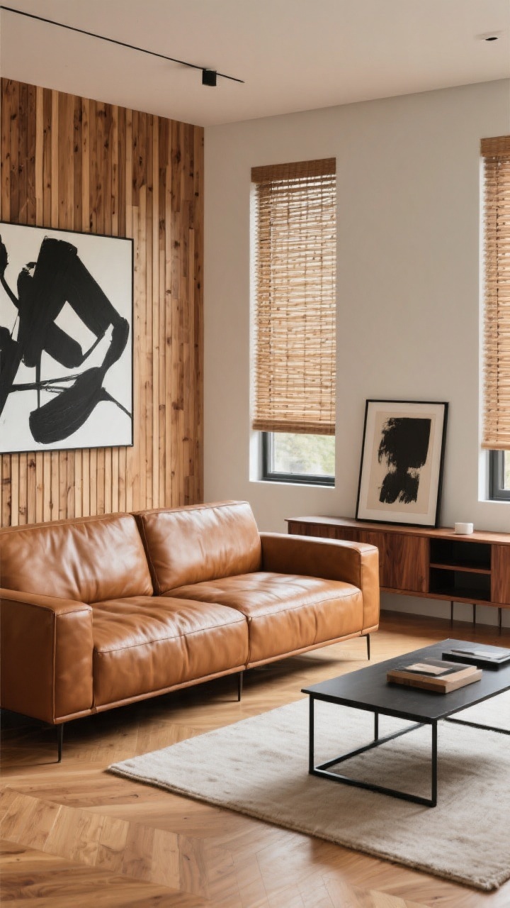Wide shot: A contemporary living room featuring a clean-lined cognac leather sofa as the hero piece, paired with a matte black metal-framed coffee table and a walnut media console; warm oak floors and woven wood window shades add cozy texture; a timber slat accent wall echoes the leather’s depth; a large black-and-white abstract art piece leans casually over the console; soft natural daylight, no clutter, photorealistic.