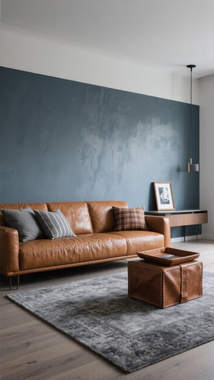 Wide shot: A contemporary space where a cognac leather sofa sits in front of a smoky blue-gray accent wall; the floor is anchored by a heathered gray rug with subtle slate tones, reminiscent of a faded Persian; pillows mix a cool gray stripe and a warm plaid; matching cognac accents repeat in a leather-wrapped tray and a stitched leather photo frame on a nearby console; balanced cool-and-warm mood, soft directional light, photorealistic.