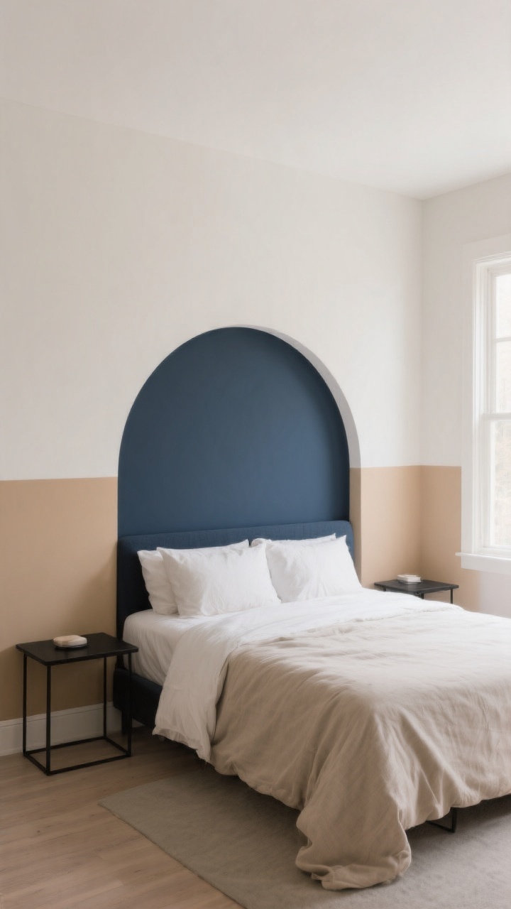 Wide shot: A modern bedroom with two-tone painted walls—warm oat on the lower half and light warm white on the upper half—with a crisp horizontal line created by laser-level precision; behind a queen bed, a painted arch “headboard” in inky navy extends 6–8 inches wider than the bed, softening the wall; bedding in linen neutrals, slim black metal nightstands, and minimal decor; soft morning light from a side window enhances the height effect; no artwork to keep the color blocking as the focal point.