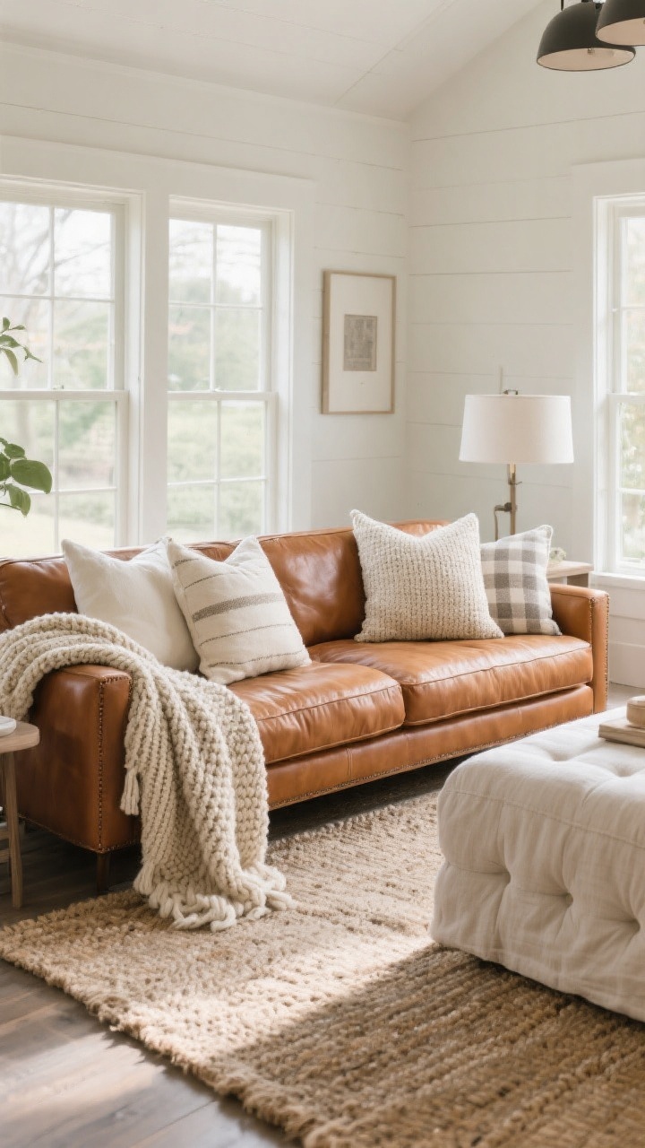 Wide shot: A modern farmhouse living room centered on a cognac leather couch, layered with linen, bouclé, and cotton throw pillows in warm whites, oatmeal, and greige with subtle grain stripes and mini checks; a chunky knit blanket draped casually over one arm and a neatly folded lightweight linen throw on the other; a hand-tufted wool or jute-wool blend rug underfoot; soft natural daylight filtering in, highlighting varied textures while keeping the palette neutral so the cognac remains the hero.