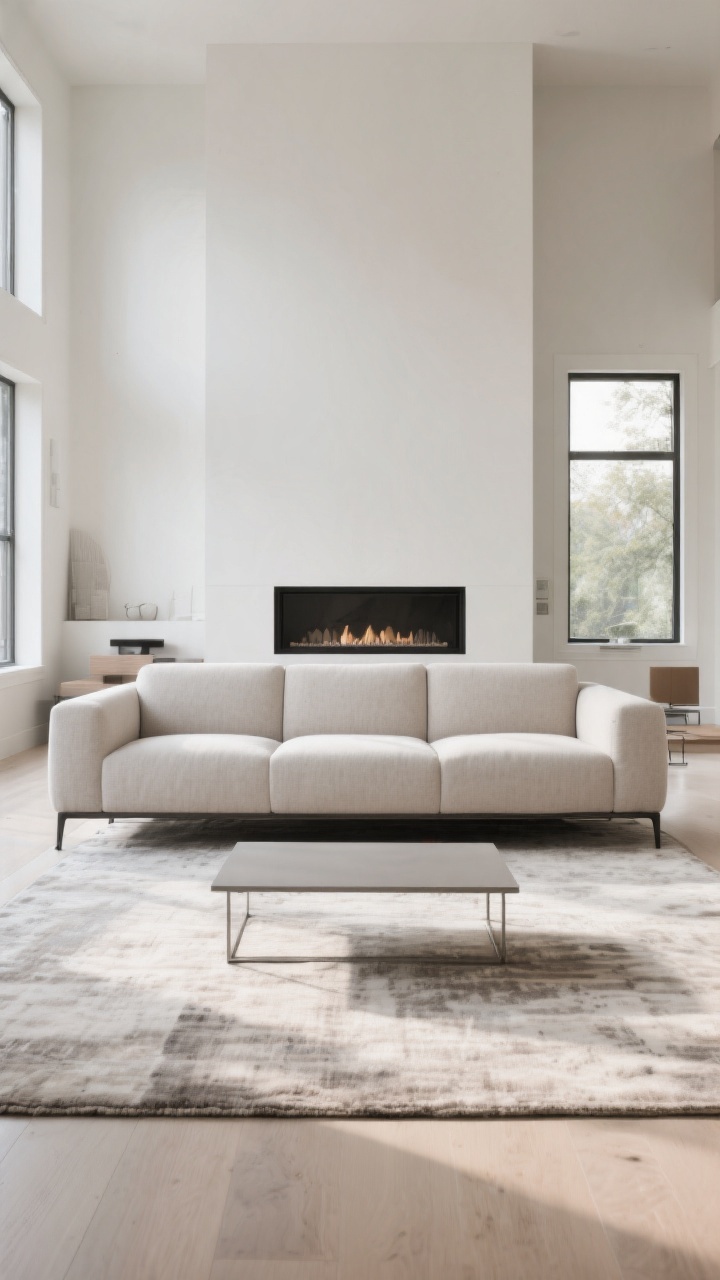 Wide shot: A modern living room anchored by a generous low-profile, deep three-seater sofa centered on a minimalist fireplace wall, with a large area rug sized so the sofa’s front legs sit on it, 30–36 inches of walkway space around, and an 18-inch gap to a sleek rectangular coffee table; clean lines, balanced layout, neutral palette, soft natural daylight from a picture window, the sofa acting as the visual north star that pulls the room together.