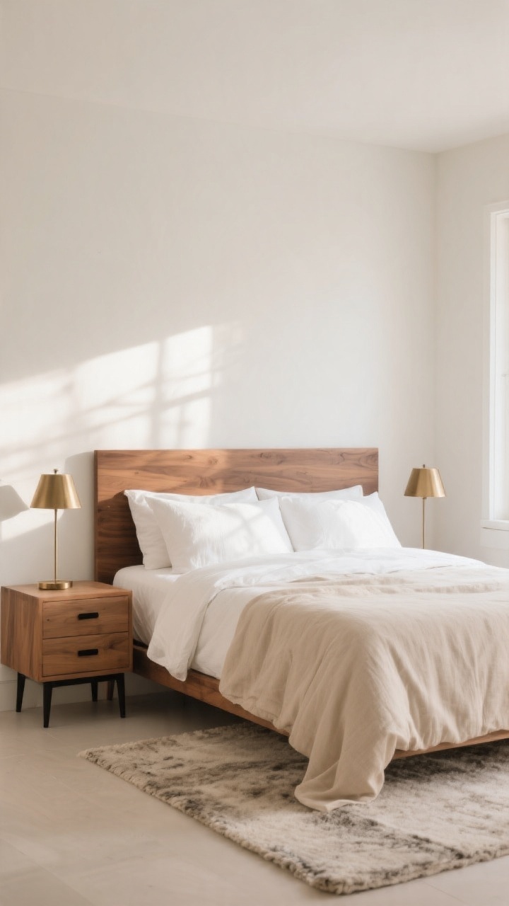 Wide shot: A serene minimalist bedroom with creamy soft white walls (warm undertone), beige linen duvet over white sheets, and a walnut headboard as the focal point. Natural light filters in, casting gentle shadows on a neutral wool rug. Accents include a pair of brushed brass bedside lamps and matte black drawer pulls on a simple natural wood nightstand. The overall mood is spa-like, airy, and warm, with white, beige, and natural wood repeated across bedding, furniture, and trim. Photorealistic, straight-on view.