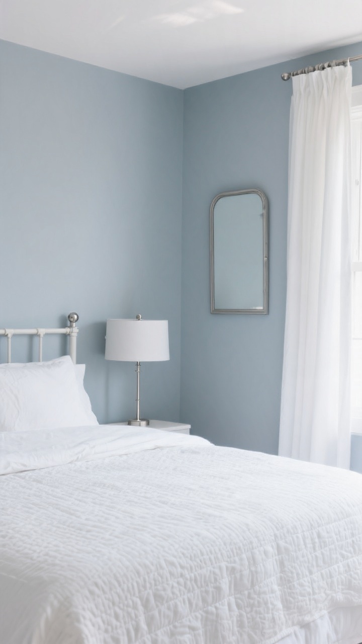 Wide shot: An airy bedroom painted in misty blue-gray (more gray than baby blue) with all-white bedding, including a textured white quilt for depth. Brushed nickel fixtures unify the space: a simple drum bedside lamp, nickel curtain rods holding white drapery, and a minimal nickel-framed mirror. The look is quiet and coastal-adjacent without overt nautical decor. Cool, gentle daylight enhances the serene blue-gray walls and crisp white contrasts. Photorealistic, corner angle.