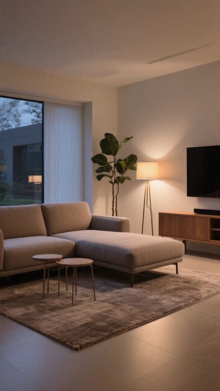 Wide shot: An L-shaped sectional with the longer side anchored against a wall and the chaise extending into the room, oriented toward a media unit; front legs of the sofa resting on a mid-tone area rug that floats under the seating; a tall floor lamp or leafy tall plant placed at the open end for visual balance; slim nesting side tables partially tucked under the chaise; soft evening ambient light with a warm floor lamp glow and subtle TV console lighting; clean, efficient layout with clear walkways and a grounded, cozy mood, photorealistic.