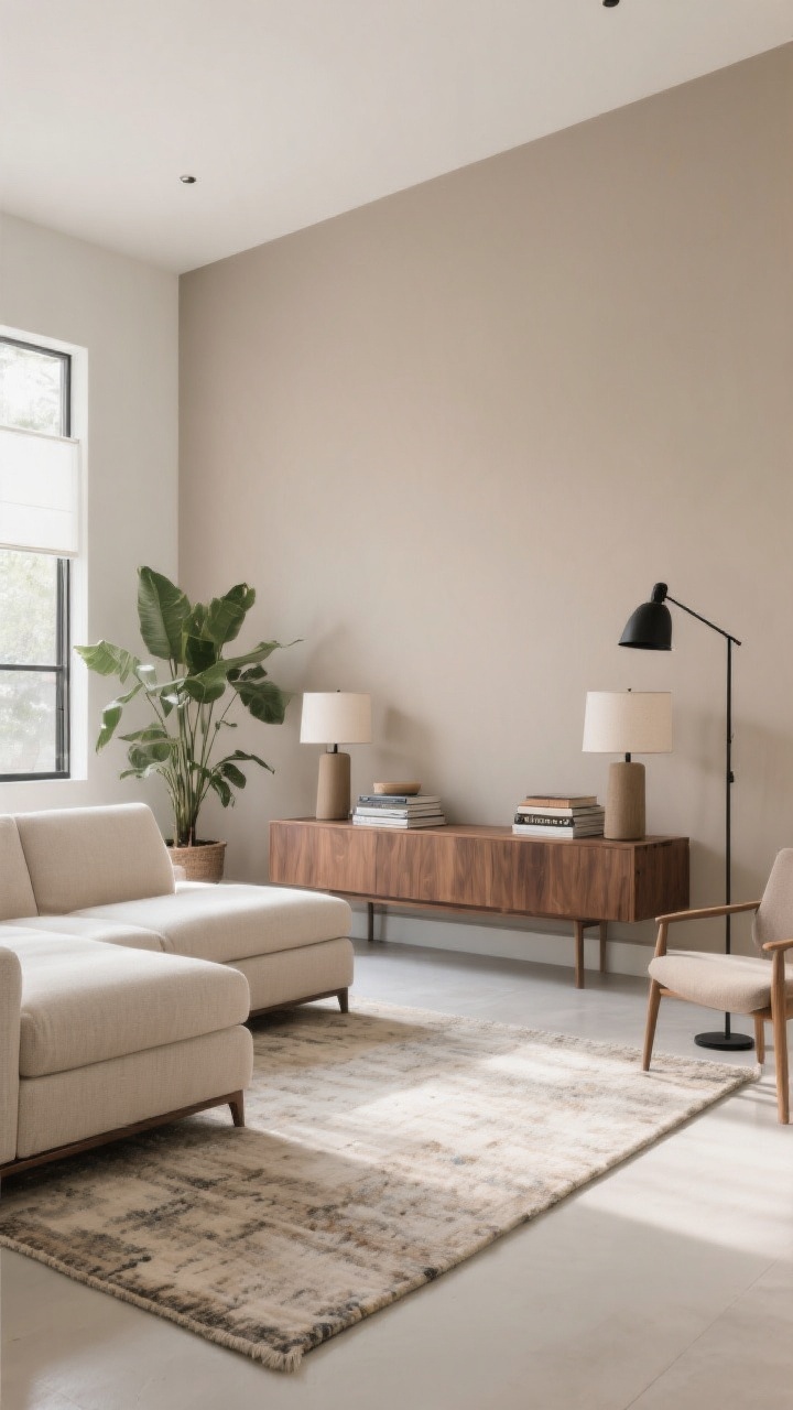 Wide shot: An open-plan living room with a large neutral fabric sectional floated 18 inches off a light taupe wall, a slim walnut console table with two table lamps, stacked books, and a potted plant behind the sofa, an oversized area rug extending 10 inches beyond the sectional edges, and a slim accent chair with a black metal floor lamp creating a conversation zone; clear pathways around the seating, soft natural daylight, designer, airy feel.