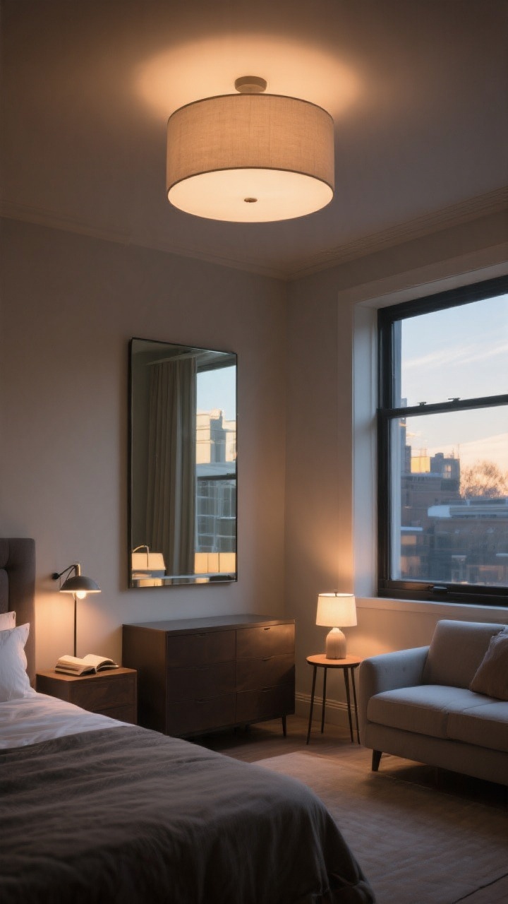 Wide shot demonstrating layered lighting: a dimmable overhead fixture (soft drum or flush mount), bedside task lights aimed to hit pages at eye level, and ambient glow from a small table lamp in the seating corner. A large mirror placed opposite a window to bounce daylight, with tall furniture kept away from the window so sunlight floods the room. Evening mood with dimmed overhead and warm pools of light; reflective highlights in the mirror; calm, cozy vibe.