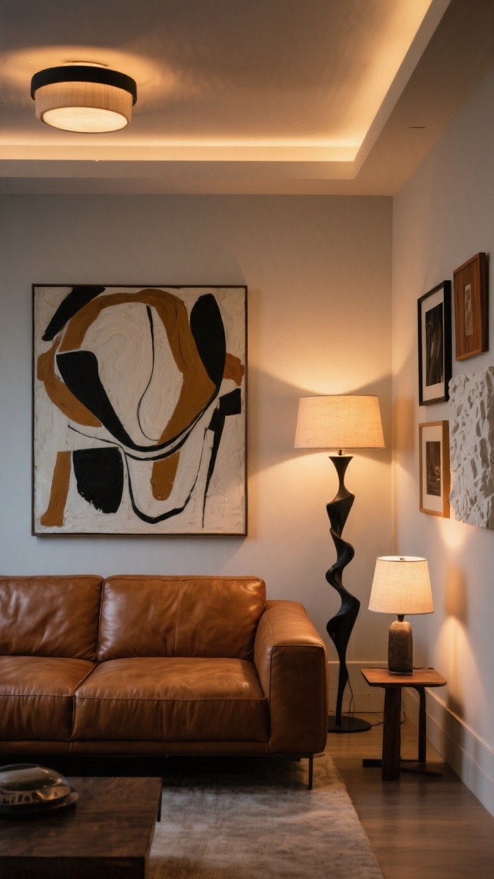 Wide shot focused on art and lighting: A cognac leather sofa wall styled with one oversized abstract artwork centered above it, flanked by a sculptural floor lamp as a statement piece. Include a layered lighting plan: a ceiling fixture, one floor lamp, and one table lamp on a side table, all using warm 2700K–3000K bulbs. Optionally, a small gallery wall to the side with mixed-size frames in black, oak, and white, plus a linen or plaster-texture art piece for depth. Evening ambiance with dimmed, warm glows, no people, photorealistic.