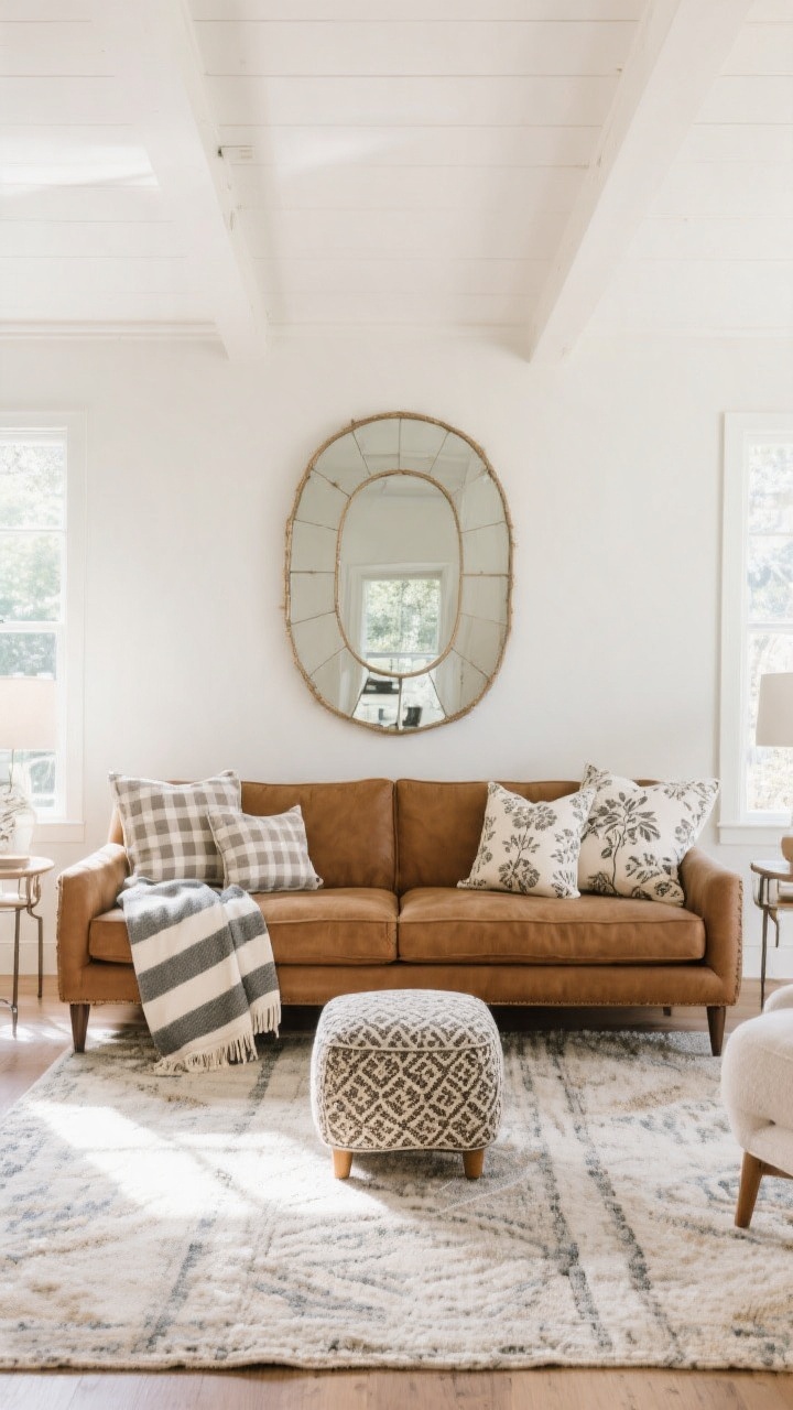 Wide shot focused on balance and scale: A farmhouse-modern seating area with a large rug sized so all front legs of seating sit on it, grounding a cognac sofa; pattern mix includes a bold stripe throw, tiny gingham pillows, and a subtle floral/block print in quiet, neutral tones; one oversized art piece or mirror sized generously above the sofa; a single patterned ottoman as an accent; overall neutral palette with thoughtful proportions, bright natural daylight highlighting the cohesive scale.