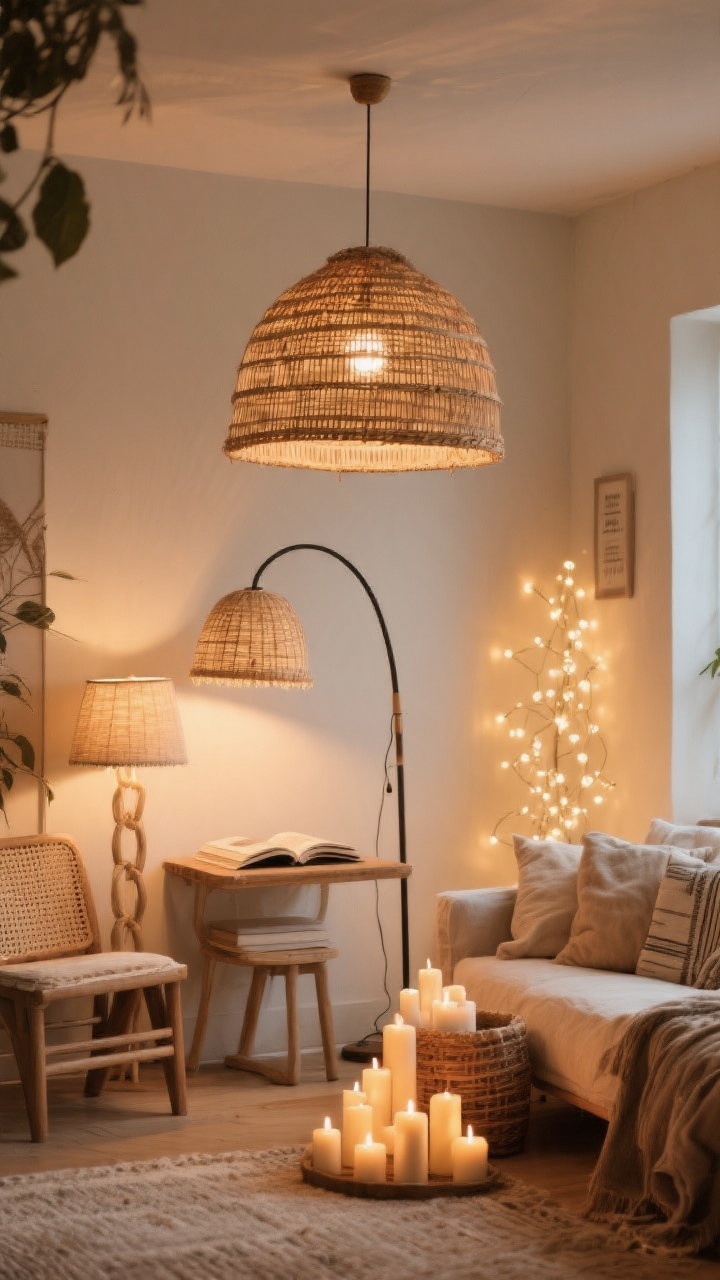 Wide shot focused on layered boho lighting: a woven rattan dome pendant for ambient light, an arc floor lamp for task lighting at a reading nook, and clusters of candles and warm white fairy lights for accent sparkle (2700K–3000K); natural lamp shades in linen and cane softening illumination; warm, flattering mood across the room.