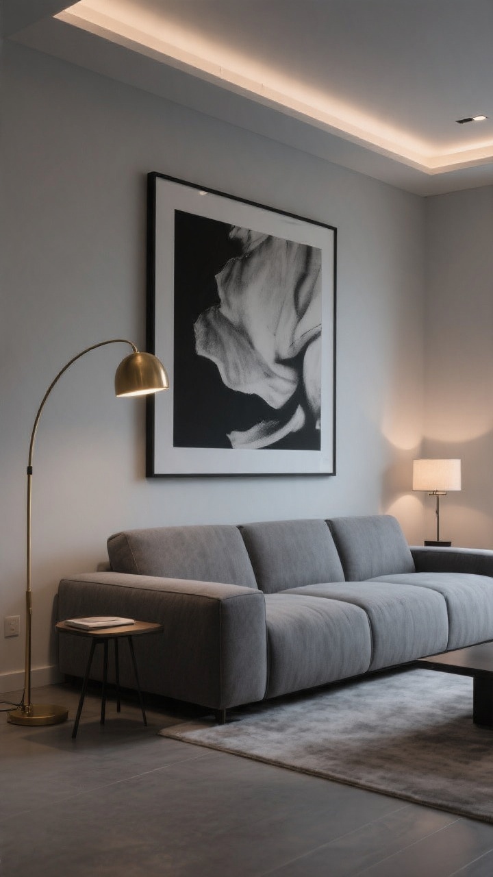 Wide shot focusing on scale and lighting: a grey sectional with one oversized piece of art centered above it—black-and-white photography in a large frame with softly rounded/organic edges to contrast the sofa’s boxy lines. A slender arc floor lamp in brass sweeps over one side; layered lighting includes the arc lamp, a small table lamp on the opposite side, and dimmable recessed lights set low for mood. Clean surfaces, neutral palette, photorealistic evening ambiance, no people.