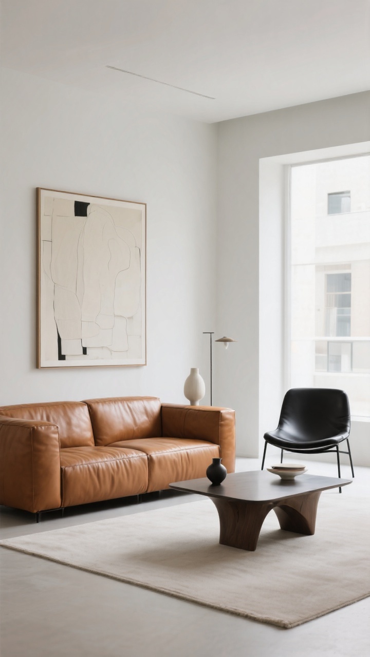 Wide shot from a corner angle: An airy, minimal living room with one hero cognac leather sofa, a single complementary accent chair (black sling leather), and one sculptural coffee table; surfaces styled in tight clusters of three with restrained objects; walls feature one large-scale artwork instead of a busy gallery; generous negative space and crisp daylight keep it fresh and modern; photorealistic.